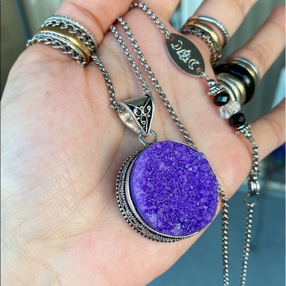 925 Sterling silver purple druzy gemstone necklace - Picture 2 of 8